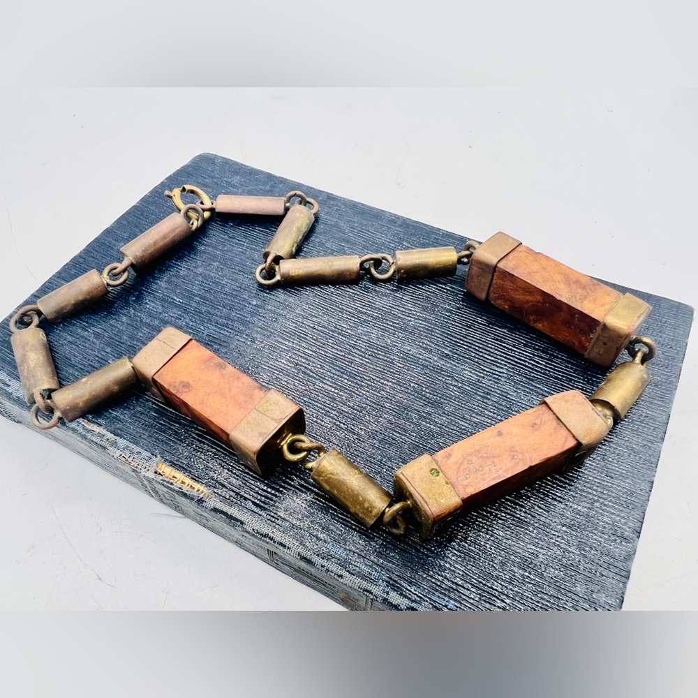 Vintage brutalist TRIKA 16” brass and wood block bead necklace - Picture 13 of 13